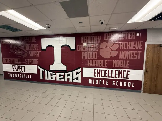 Thomasville Tigers school wall branding with no students shown