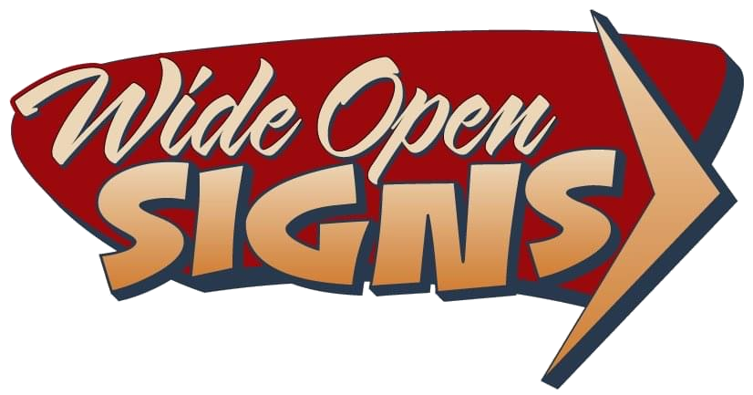 Wide Open Signs red navy and gold original logo